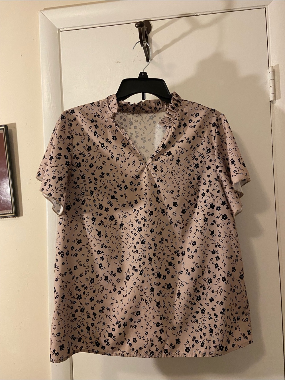 SHEIN Blush Pink Floral Ruffle V-Neck Blouse